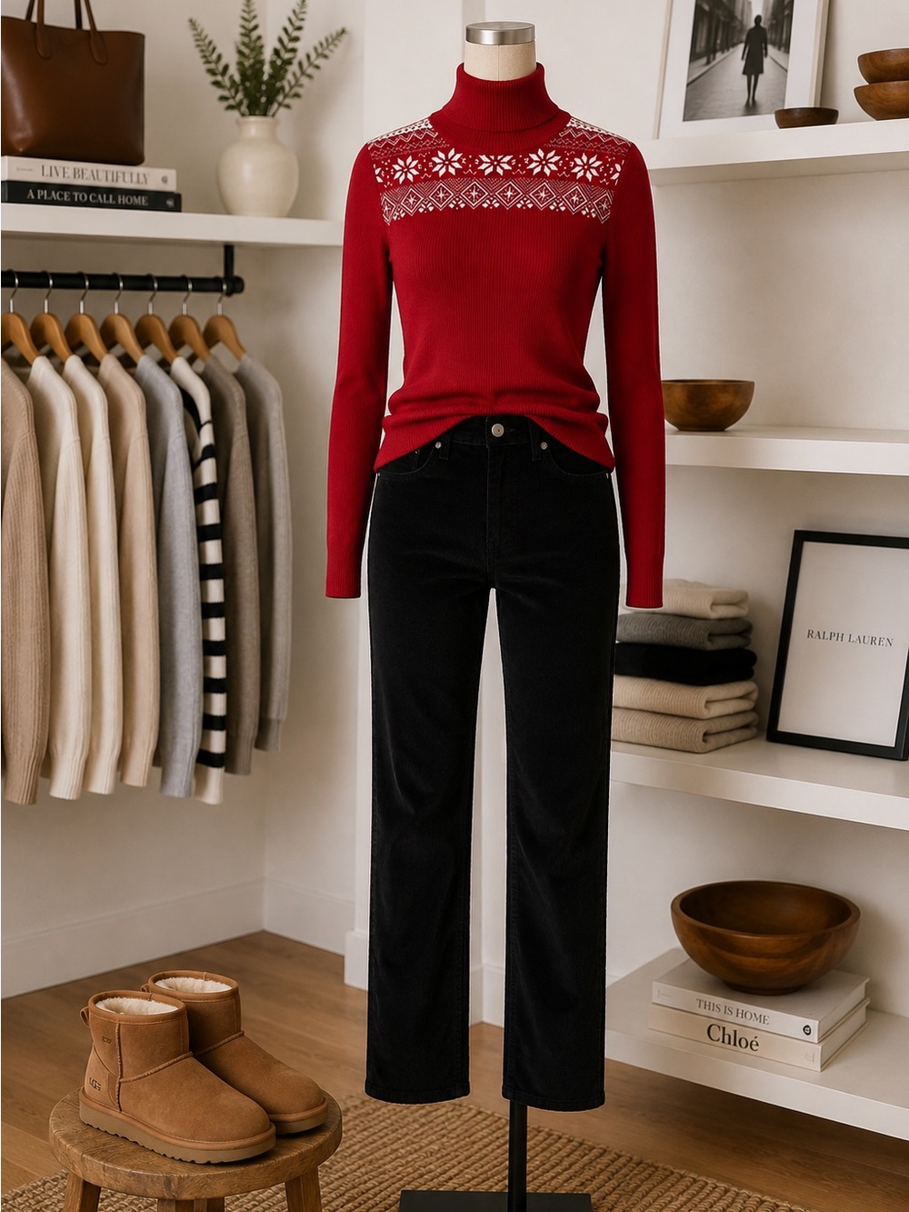 Vintage Ribbed Fair Isle Snowflake Turtleneck Sweater Red - XL Ski sweater Lodge